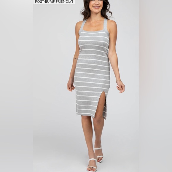 Heather Grey Striped Side Slit Maternity Midi Dress - Picture 4 of 7